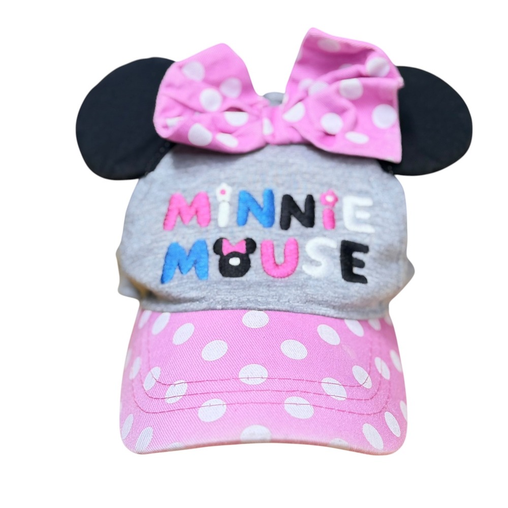 Disney Minnie Mouse Girls Baseball Hat Pink Polka Dot Ears Bow Gray OSFM Cap
